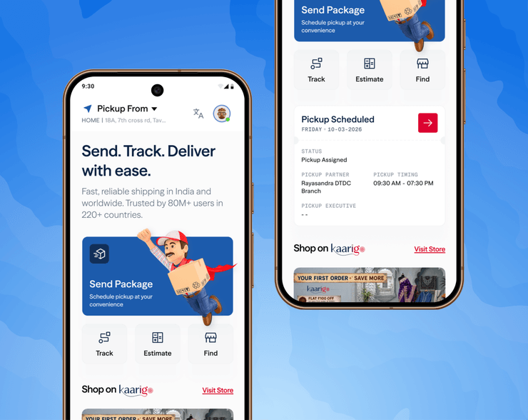MyDTDC app screens showing the shipping home screen and a scheduled pickup
